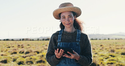 Buy stock photo Portrait, farm and woman with tablet, sustainability and smile with network, eco friendly and connection. Happy person, agriculture and farmer with tech, app for online weather report or countryside