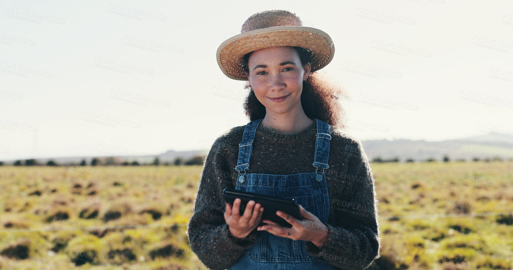 Buy stock photo Portrait, farm and woman with tablet, sustainability and smile with network, eco friendly and connection. Happy person, agriculture and farmer with tech, app for online weather report or countryside