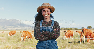 Buy stock photo Happy woman, portrait and farmer with livestock for agro business, natural sustainability or production on grass field. Female person, farmland or arms crossed with smile or animals in countryside