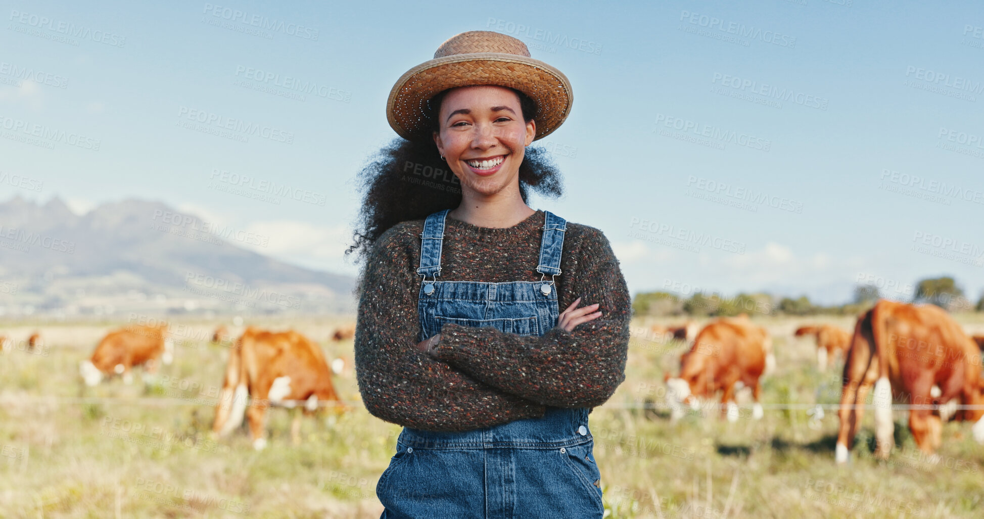 Buy stock photo Happy woman, portrait and farmer with livestock for agro business, natural sustainability or production on grass field. Female person, farmland or arms crossed with smile or animals in countryside