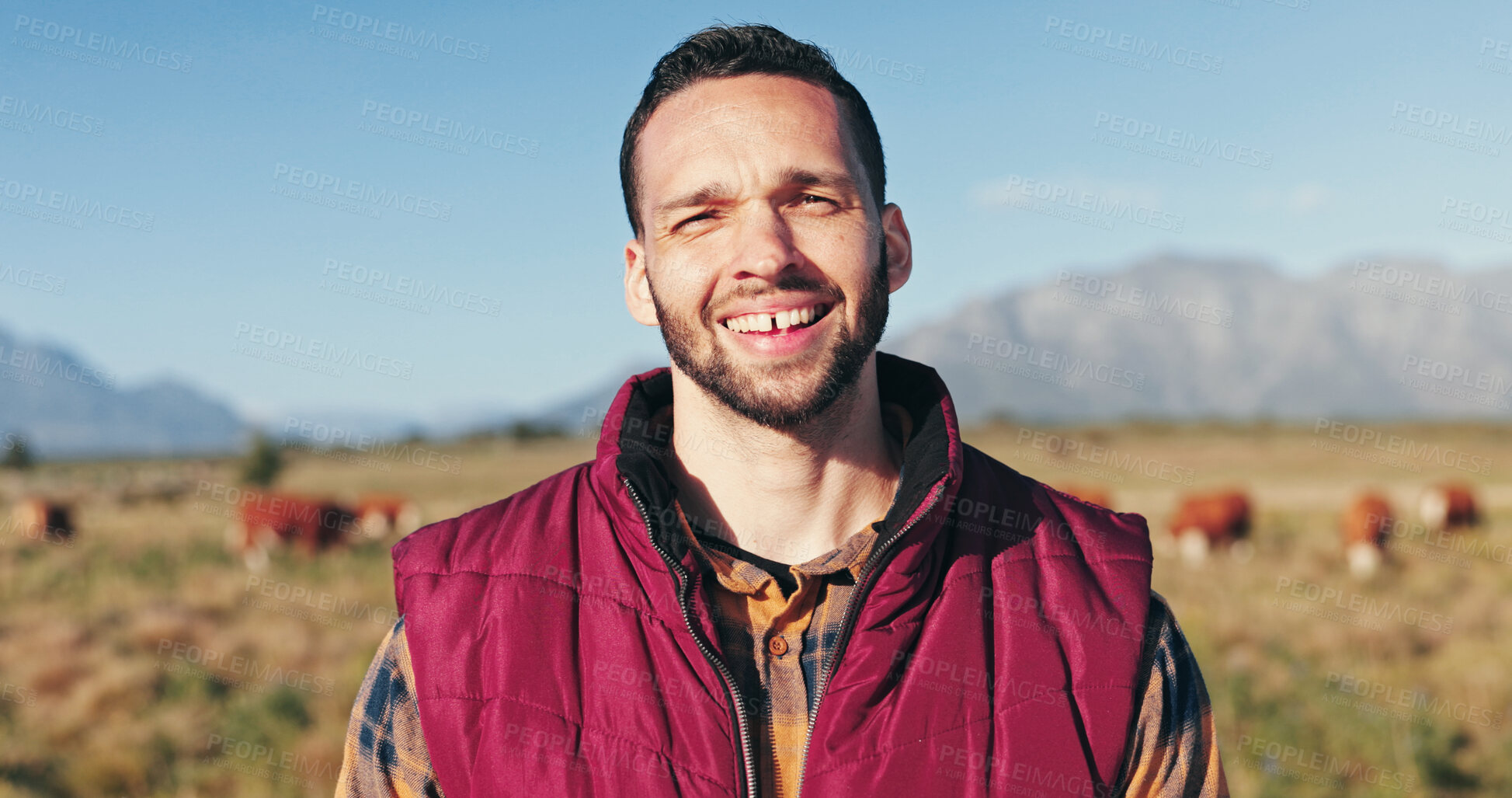 Buy stock photo Smile, farming and portrait of man in nature for agriculture, environment and livestock production. Happy, confident and person with animals outdoor in field for sustainable business in countryside.