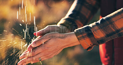 Buy stock photo Person, farmer and washing hands with water for hygiene, disinfection or rinse in nature. Closeup, sustainability and liquid drops with cleanse or sanitary for agriculture or agro business on farm