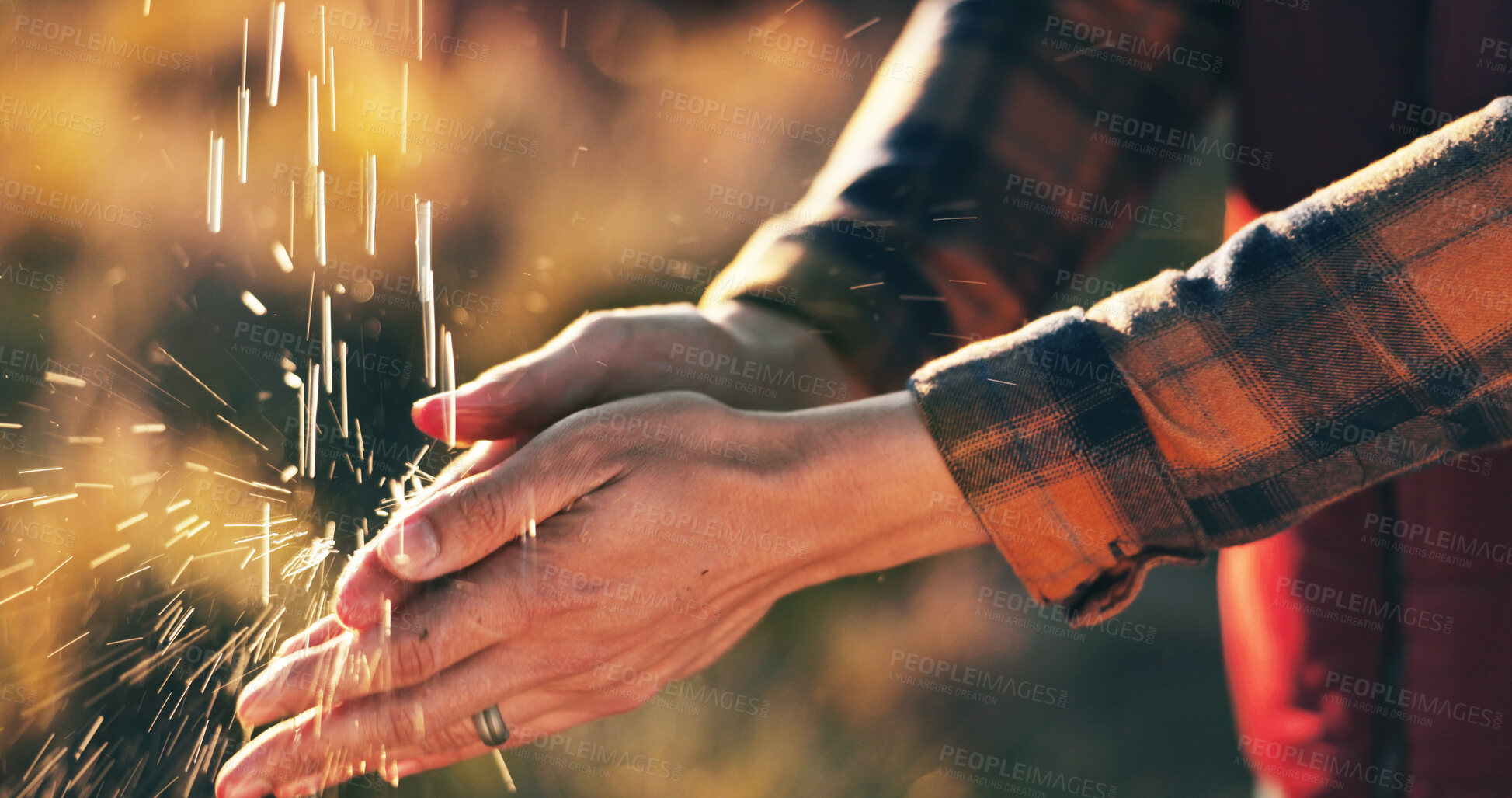 Buy stock photo Person, farmer and washing hands with water for hygiene, disinfection or rinse in nature. Closeup, sustainability and liquid drops with cleanse or sanitary for agriculture or agro business on farm
