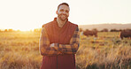 Crossed arms, farming and portrait of man in nature for agriculture, environment and livestock production. Happy, confident and person outdoor in field for sustainable business in countryside.
