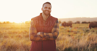 Buy stock photo Crossed arms, farming and portrait of man in nature for agriculture, environment and livestock production. Happy, confident and person outdoor in field for sustainable business in countryside.