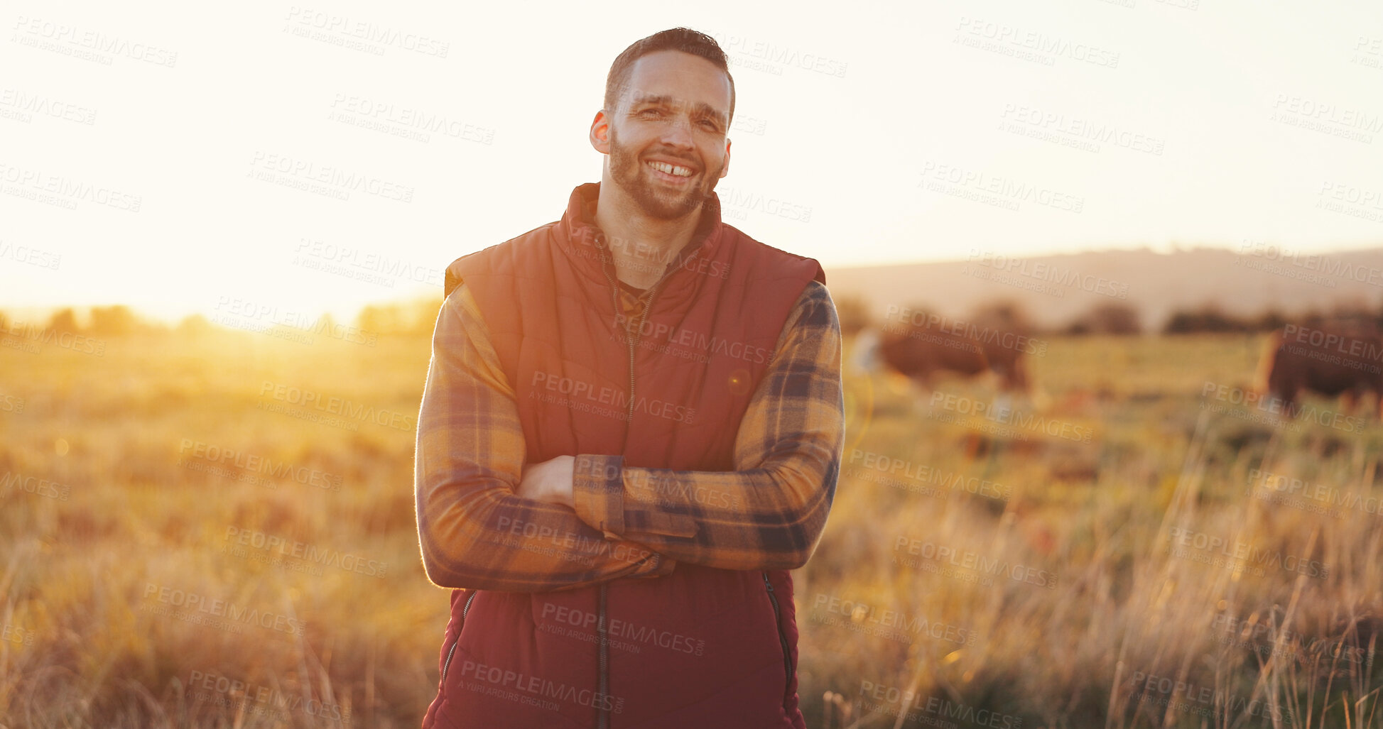 Buy stock photo Crossed arms, farming and portrait of man in nature for agriculture, environment and livestock production. Happy, confident and person outdoor in field for sustainable business in countryside.