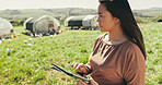 Woman, farmer and tablet on chicken farm, agriculture and chat to client for organic dairy deal. Female person, outdoor and online for thinking on sustainable production, animals and plan export