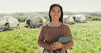 Buy stock photo Portrait, farm and woman with tablet, agriculture and countryside with sustainability, network and connection. Happy person, environment and farmer with tech and digital app for online weather report