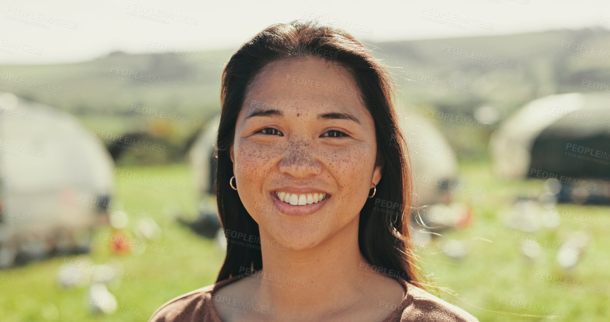 Buy stock photo Happy, asian woman and portrait with farmer, livestock or chickens for agriculture or agro business in nature. Female person, face or smile with animals for crops or natural production in countryside