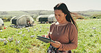 Woman, farmer and tablet on chicken farm, countryside and chat to client for organic dairy deal. Female person, outdoor and online for thinking on sustainable agriculture, animals and plan export
