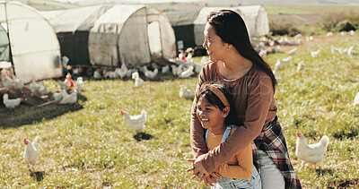Buy stock photo Family, mother and girl on chicken farm for holiday, adventure and vacation in countryside. Agriculture, sustainable farming and mom with child and livestock for poultry, agro business and produce
