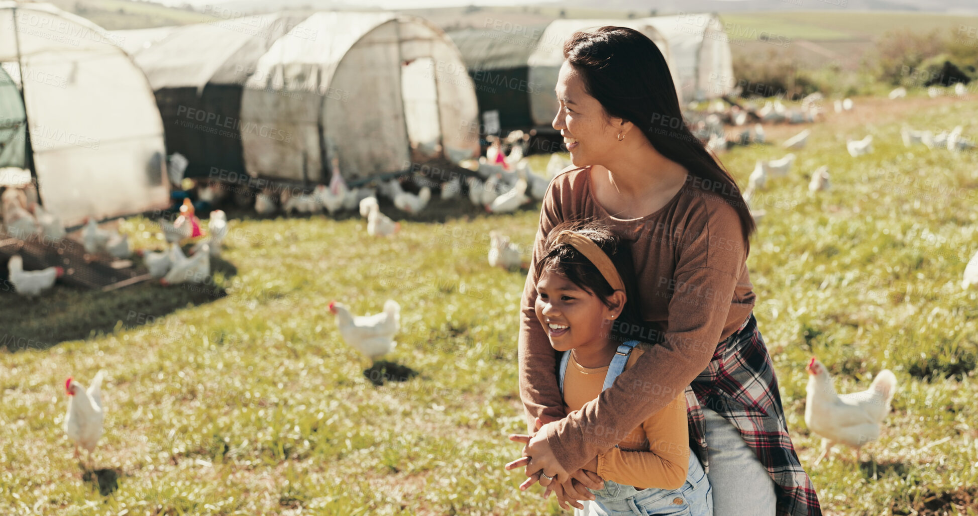 Buy stock photo Family, mother and girl on chicken farm for holiday, adventure and vacation in countryside. Agriculture, sustainable farming and mom with child and livestock for poultry, agro business and produce