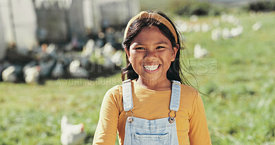 Buy stock photo Girl, child and smile at chicken farm for portrait, nature and outdoor with sunshine in countryside. Kid, happy and excited on field with poultry, birds and sustainable agriculture in Malaysia