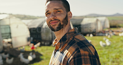 Buy stock photo Man, farmer thinking and chicken for livestock farming, producing and distribution. Male person, business and smile as entrepreneur with ideas or vision for career, agriculture or poultry industry