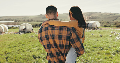 Buy stock photo Family, father and girl on chicken farm for holiday, adventure and vacation in countryside. Agriculture, farming and back of dad with child and livestock for poultry, agro business and produce