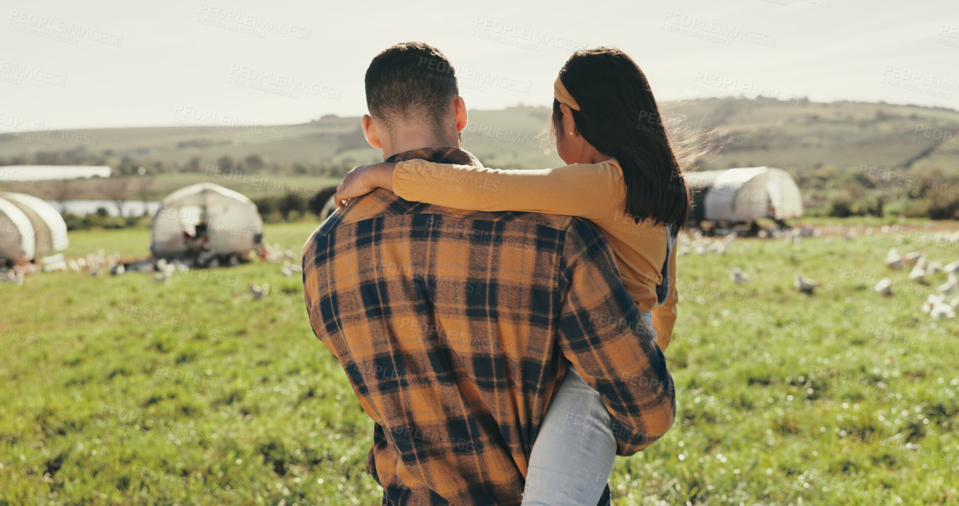 Buy stock photo Family, father and girl on chicken farm for holiday, adventure and vacation in countryside. Agriculture, farming and back of dad with child and livestock for poultry, agro business and produce