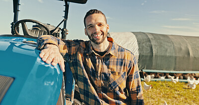 Buy stock photo Man, farmer and smile in portrait by tractor, outdoor and free range chicken on field in summer. Person, happy and vehicle for agriculture at sustainable poultry farm with sunshine in Costa Rica