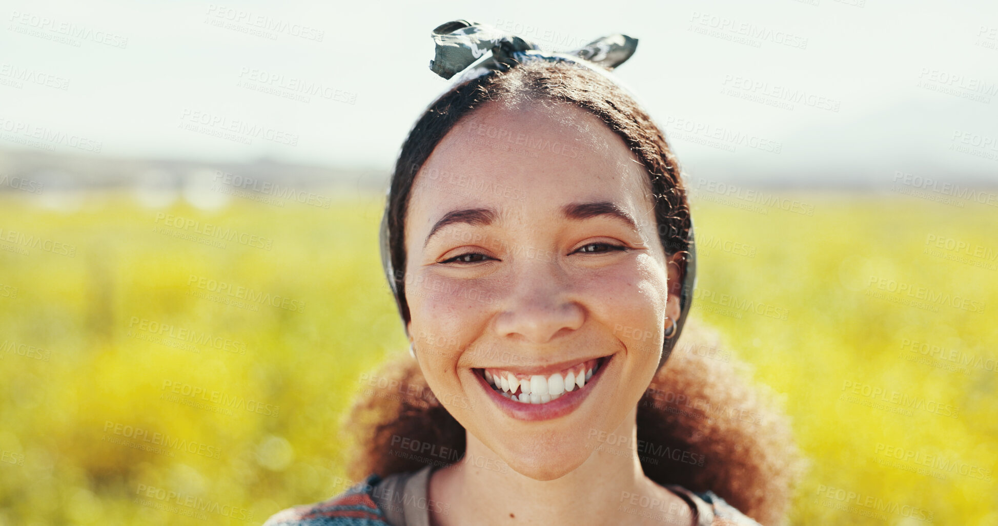 Buy stock photo Travel, woman and happy with portrait in field for holiday adventure, summer getaway and trip in countryside. Girl, smile and journey in meadow for nature scenery, sightseeing and exploring in Texas