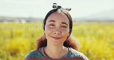 Buy stock photo Travel, woman and portrait with smile in field for holiday adventure, summer getaway or trip in countryside. Girl, happy or journey in meadow for nature scenery, sightseeing or exploring in Australia