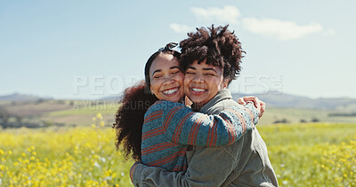 Buy stock photo Friends, women and smile with hugging in field for travel adventure, reunion and bonding at rapeseed farm. Weekend trip, people and support in countryside for surprise connection and excited together