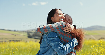 Buy stock photo Friends, people and happy with hugging in field for travel adventure, reunion and bonding at rapeseed farm. Weekend trip, women and embrace in countryside for surprise connection and excited together