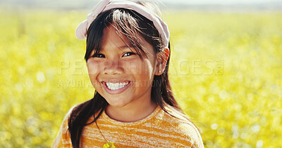Buy stock photo Portrait, flowers and nature with child in field for environment, growth and sustainability. Freedom, wellness and meadow with young girl in countryside garden for spring season, park and vacation