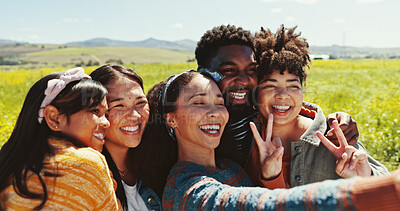 Buy stock photo Peace sign, selfie and social media with friends in field together for outdoor holiday, travel or vacation. Emoji, hand gesture and smile with group of happy people in nature for profile picture