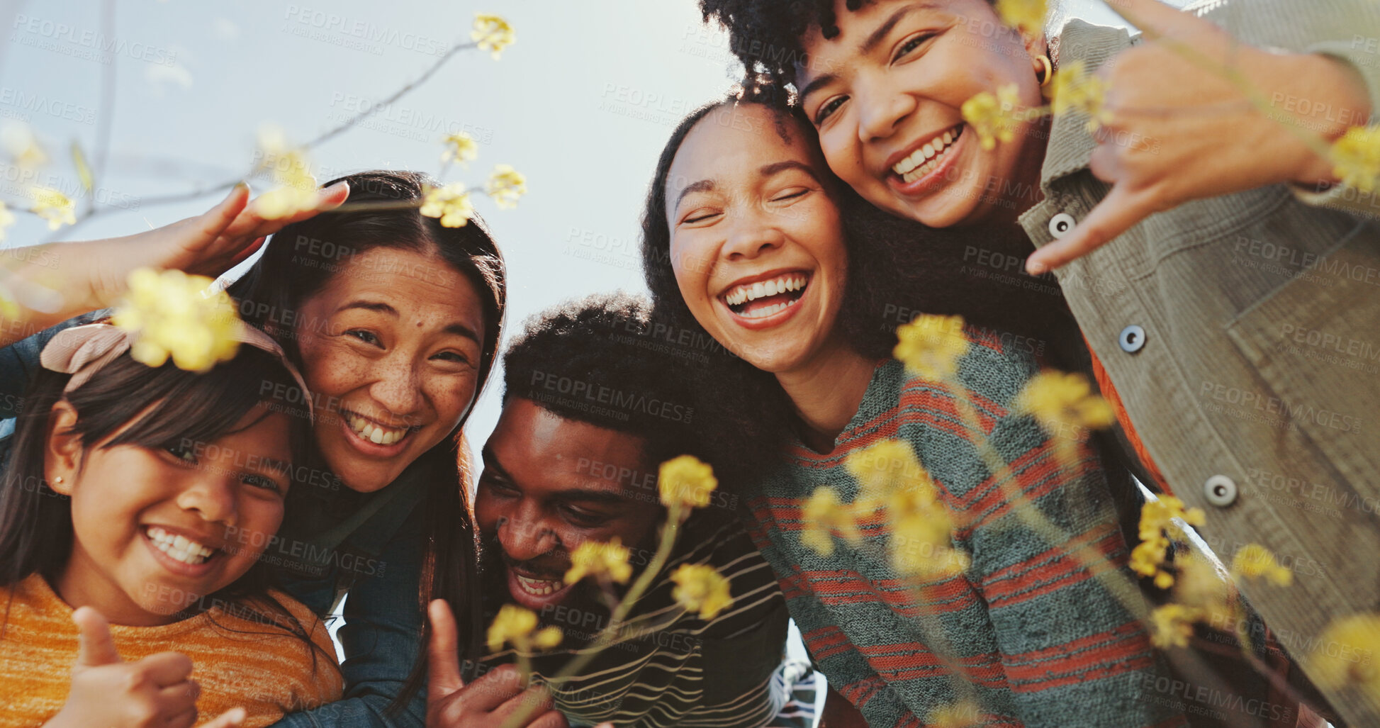 Buy stock photo People, friends and portrait with flowers field for summer adventure, hug and nature in countryside. Group, park and bonding for holiday, social networking and blue sky for sunshine or spring