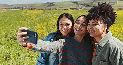 Buy stock photo Memories, selfie and smile with friends in nature together for outdoor holiday, travel or vacation. Love, photograph and social media with group of happy people in field for profile picture update