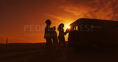 Buy stock photo Dark, road trip and silhouette with friends outdoor together for holiday, travel or vacation. Countryside, sunset and vehicle with group of people in nature park for adventure, camping or journey