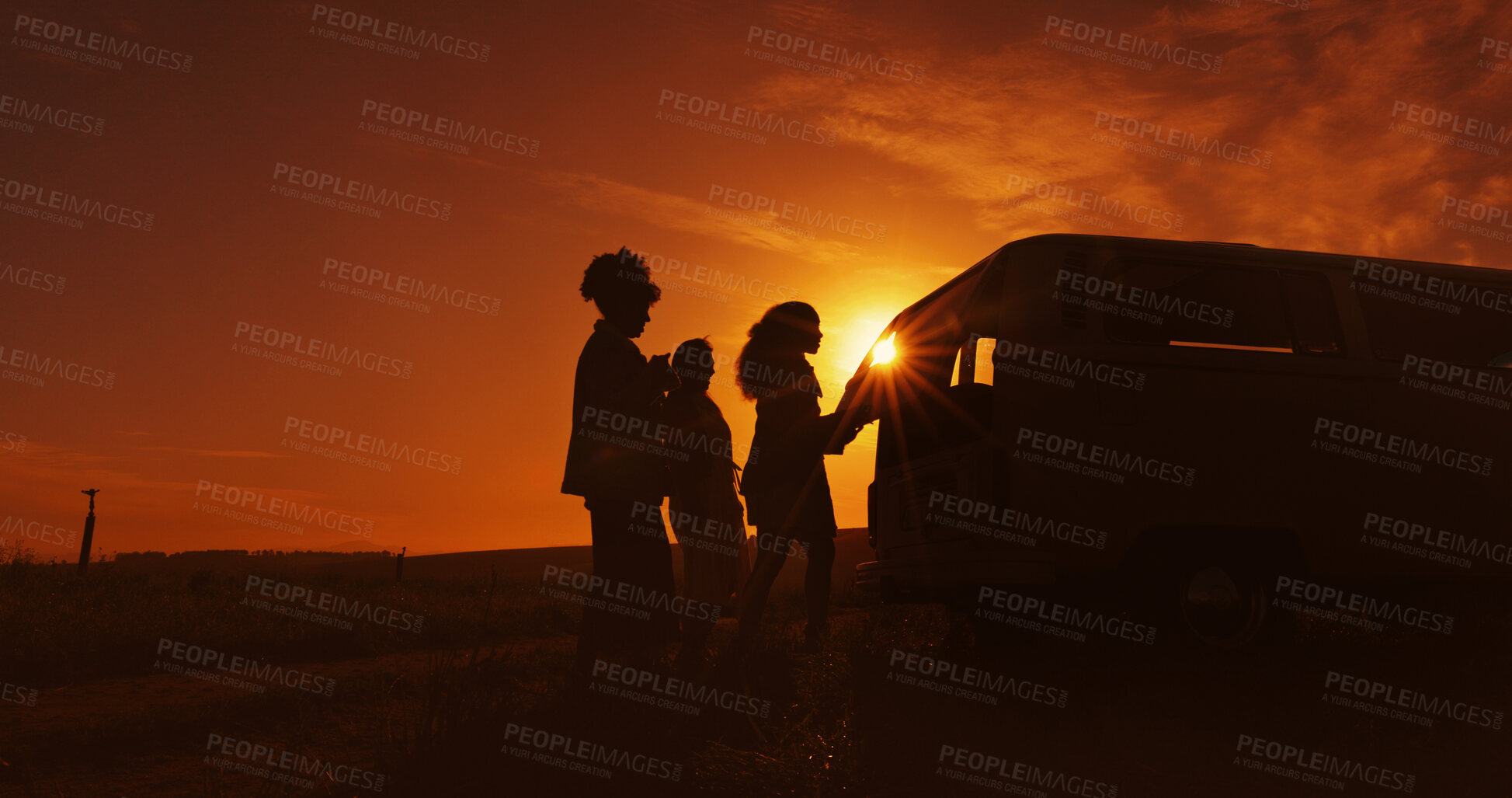 Buy stock photo Dark, road trip and silhouette with friends outdoor together for holiday, travel or vacation. Countryside, sunset and vehicle with group of people in nature park for adventure, camping or journey