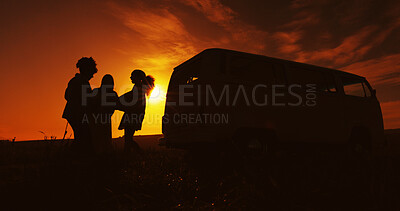 Buy stock photo Road trip, silhouette and sunset with people outdoor together for holiday, travel or vacation. Countryside, dark and vehicle with group of friends in nature park for adventure, camping or journey