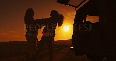 Buy stock photo Road trip, silhouette and sunset with friends outdoor together for holiday, travel or vacation. Carry, countryside and vehicle with people in dark nature park for adventure, camping or journey