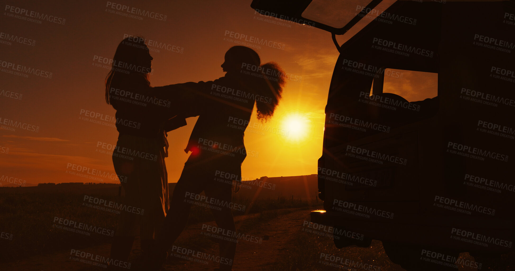 Buy stock photo Road trip, silhouette and sunset with friends outdoor together for holiday, travel or vacation. Carry, countryside and vehicle with people in dark nature park for adventure, camping or journey