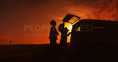 Buy stock photo Dark, road trip and silhouette with people outdoor together for holiday, travel or vacation. Countryside, sunset and vehicle with group of friends in nature park for adventure, camping or journey