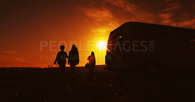 Buy stock photo Road trip, silhouette and sunset with friends outdoor together for holiday, travel or vacation. Countryside, dark and vehicle with group of people in nature park for adventure, camping or journey