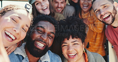 Buy stock photo Face, selfie and smile with friends outdoor together for holiday, travel or weekend vacation. Laughing, portrait and social media with group of happy people closeup for bonding or profile picture