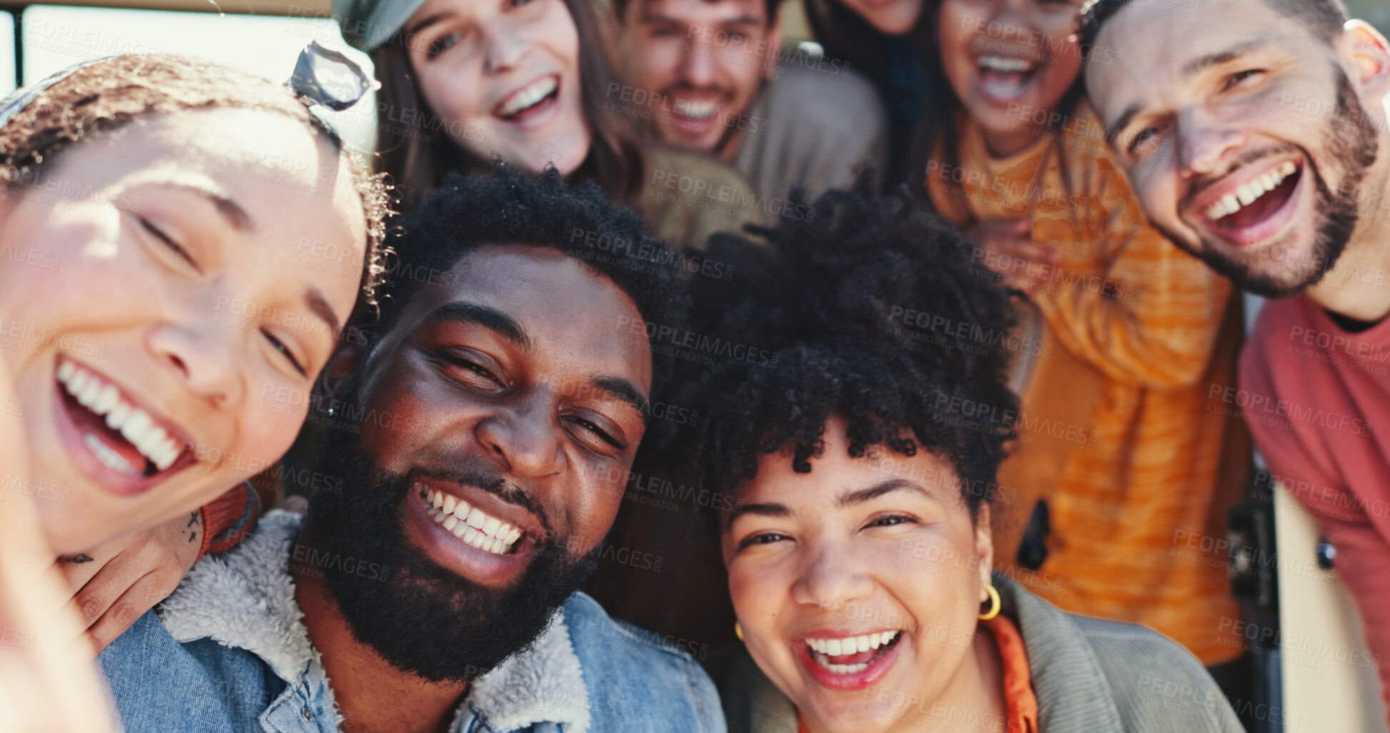 Buy stock photo Face, selfie and smile with friends outdoor together for holiday, travel or weekend vacation. Laughing, portrait and social media with group of happy people closeup for bonding or profile picture