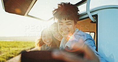 Buy stock photo Selfie, smile and van with friends in nature together for outdoor holiday, travel or vacation. Photograph, road trip and social media with group of happy women outdoor in field for profile picture