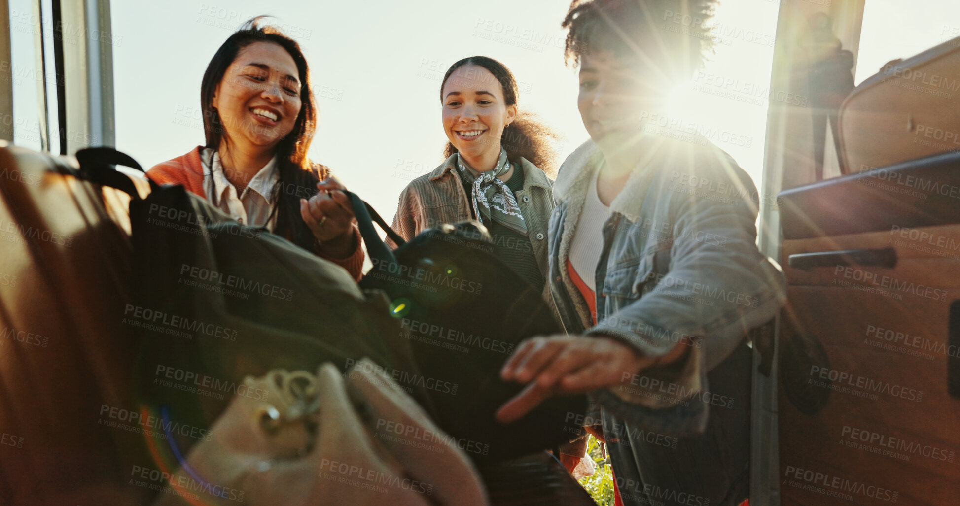 Buy stock photo Packing, road trip or car with friends, bags and smile for journey and countryside travel. Excited women, leaving or bonding for summer adventure, holiday break and vacation together with van vehicle