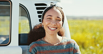 Buy stock photo Road trip, woman and portrait with smile in field for holiday adventure, summer getaway or relax in countryside. Girl, happy or journey in meadow for nature scenery, sightseeing or break in Australia