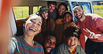 Peace sign, selfie and smile with friends in vehicle together for outdoor holiday, travel or vacation. Emoji, hand gesture and road trip with group of happy people in nature for profile picture