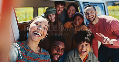 Buy stock photo Peace sign, selfie and smile with friends in vehicle together for outdoor holiday, travel or vacation. Emoji, hand gesture and road trip with group of happy people in nature for profile picture