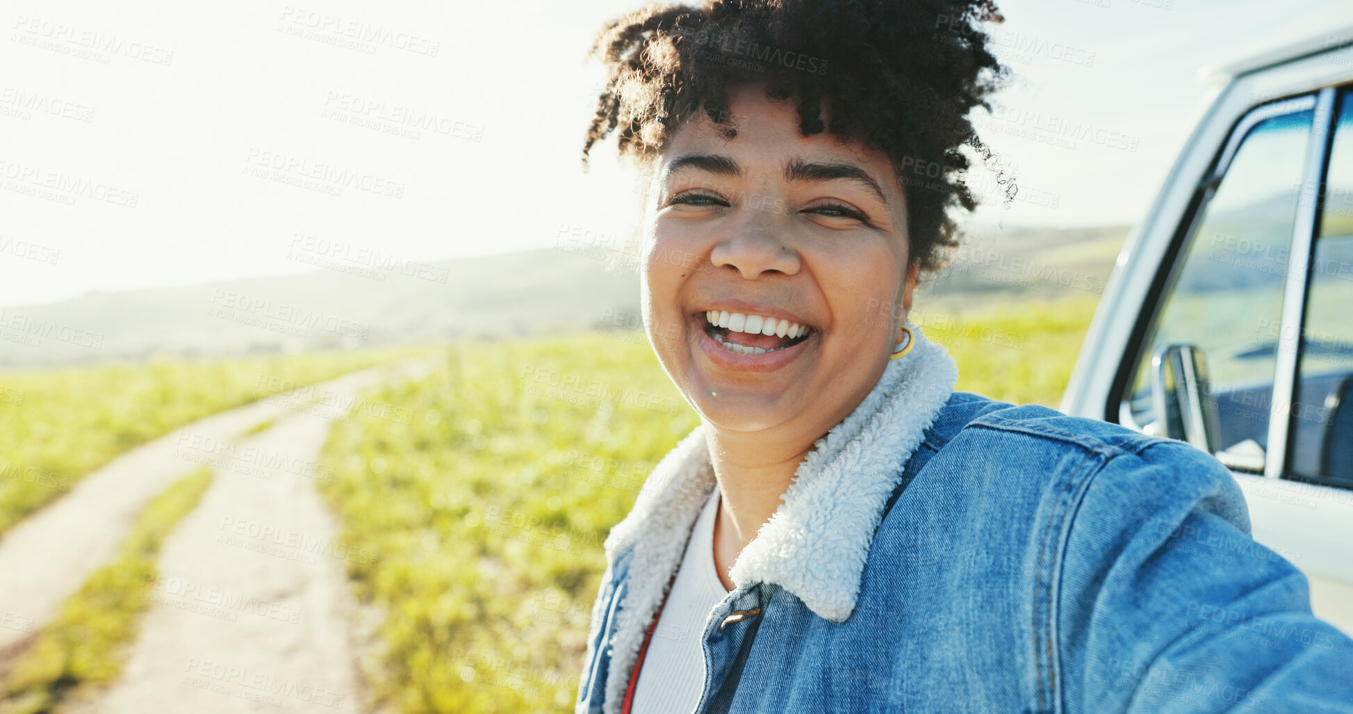 Buy stock photo Happy woman, portrait or farmland with selfie for picture, photography or vacation road trip in nature. Female person, tourist or travel with smile for fun journey, adventure or memory in countryside