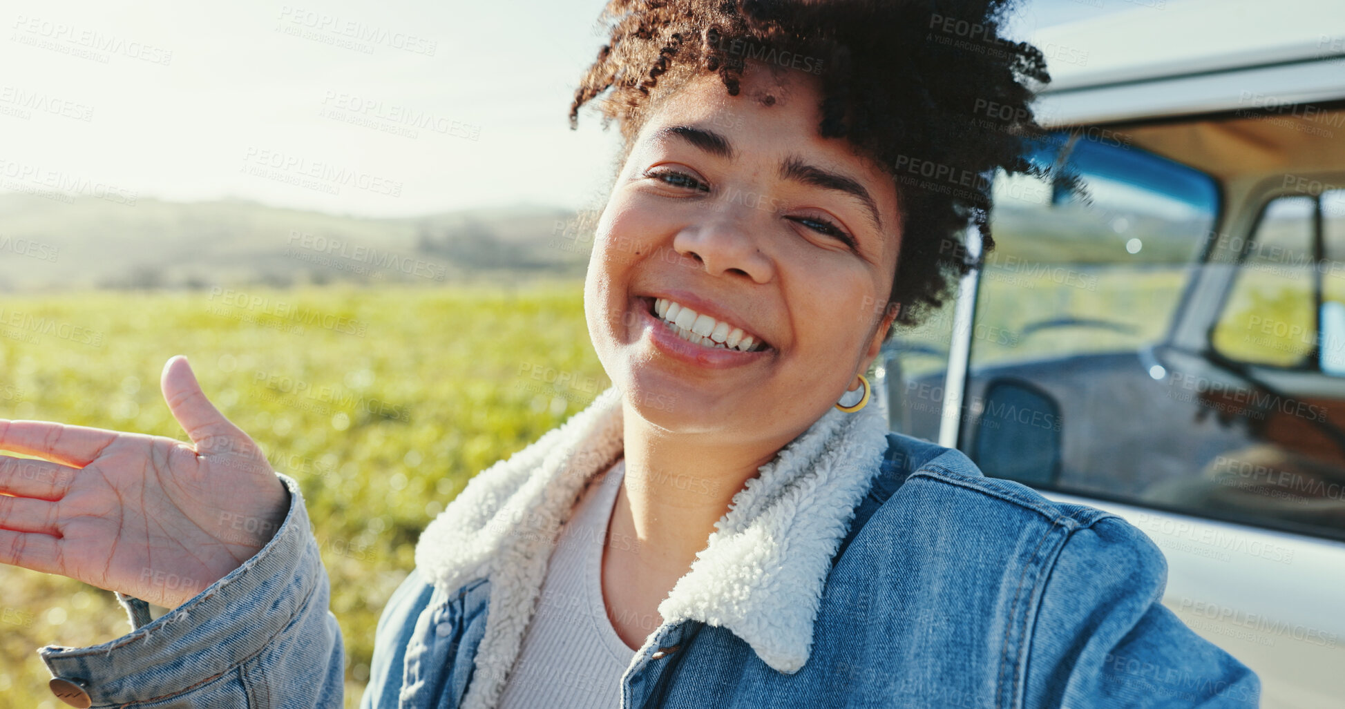 Buy stock photo Happy woman, portrait or farm with selfie for vacation, road trip or holiday journey in nature. Female person, tourist or travel with smile for photography, picture or vlog on farmland in countryside