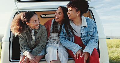 Buy stock photo Group, road trip and van with women, laugh and joy for journey and countryside travel. Friends, smile and bonding for summer adventure, holiday break and outdoor vacation with happiness and car