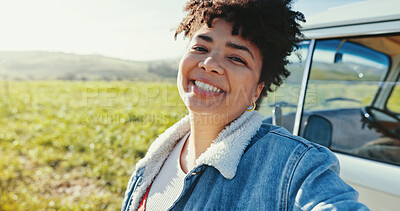 Buy stock photo Happy woman, portrait or farm with selfie for picture, photography or vacation road trip in nature. Female person, tourist or travel with smile for fun journey, adventure or vlog in countryside