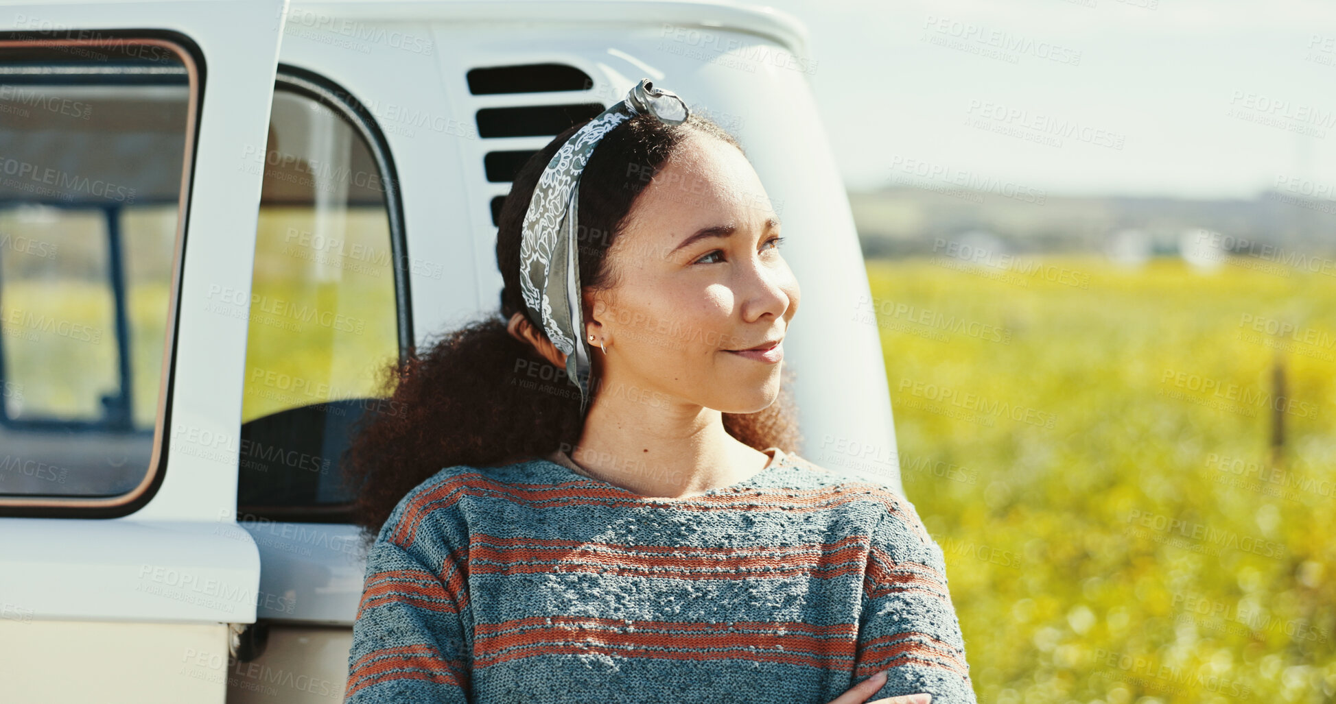 Buy stock photo Smile, thinking and woman in countryside for road trip, outdoor adventure or calm reflection on vacation. Relax, stop and girl on travel holiday in field with happy face, van life and natural scenery