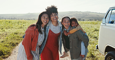 Buy stock photo Hug, road trip and car with women, child and family for journey and countryside travel. Happy friends, piggyback and bonding for summer adventure, holiday break and outdoor vacation with van vehicle