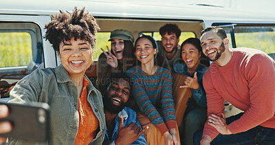 Buy stock photo Road trip, selfie and smile with friends in van together for summer holiday, travel or vacation. Emoji, peace sign and social media with group of happy people outdoor in nature for profile picture